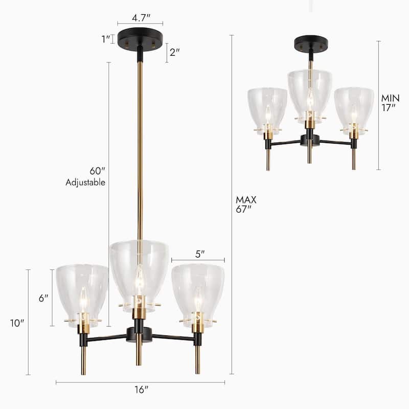 Modern 3-Light Black Gold Chandelier Glass Pendant Light for Dining Room - 16" D x 10'' H