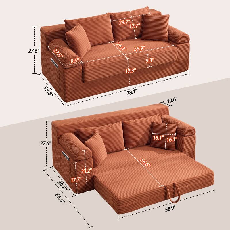 78" W Convertible Sleeper Sofa Bed Corduroy Loveseat with Pillows