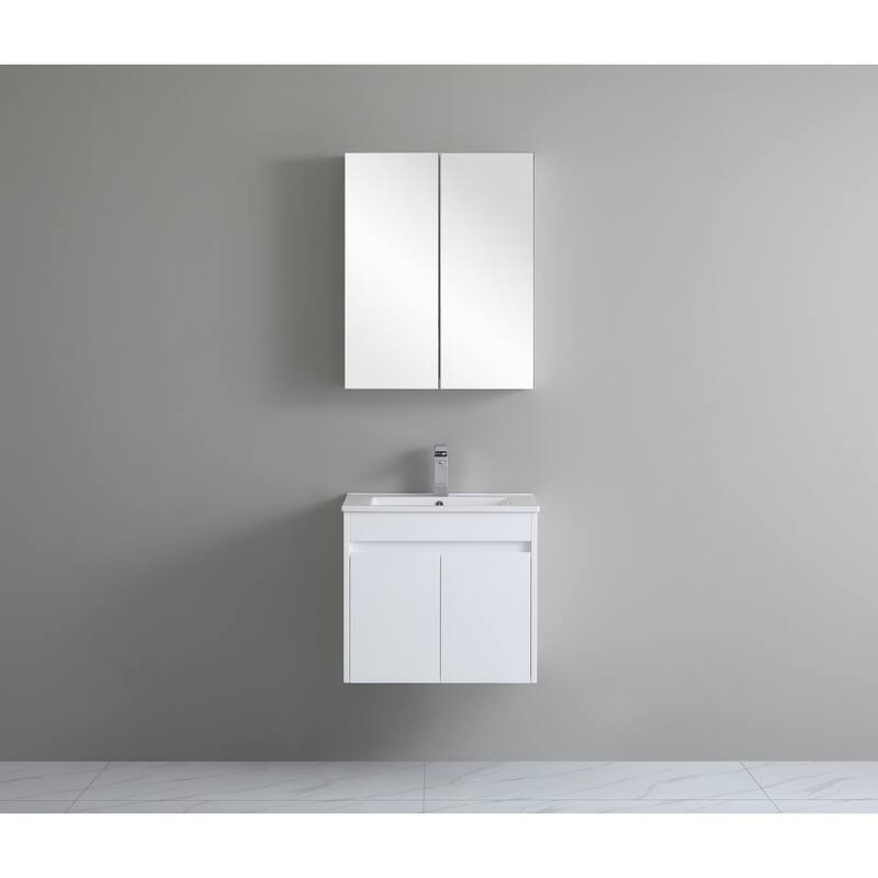 CB HOME 24"/30"/36"/48"/60" Pure White Bathroom Vanity, Floating Wall Mounted Cabinet w/ Integral Ceramic Sink Basin Countertop