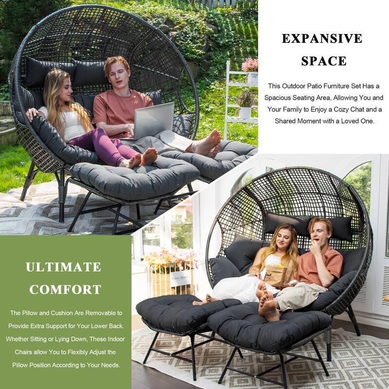 FINCATI Double Egg Chair with 2 Ottomans, 680-lb Capacity