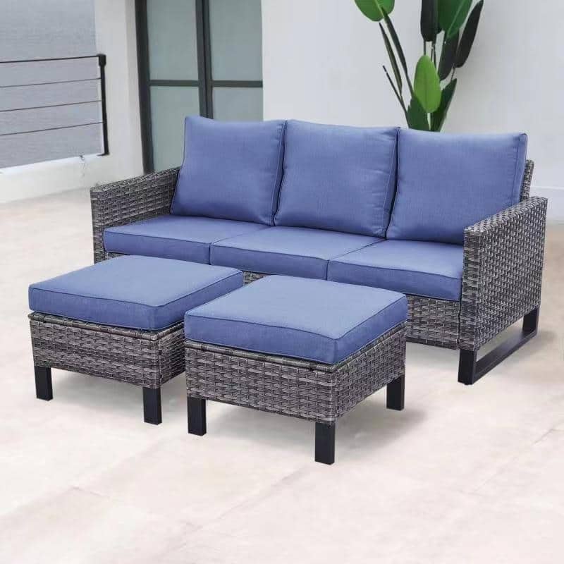 Gymojoy 3-Piece Patio Furniture Sofa Sets Outdoor Wicker Ottoman - Grey/Blue
