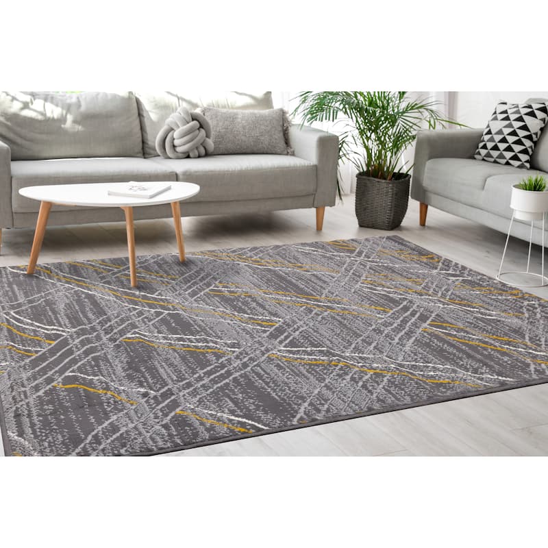 Florence Collection - Grey/Yellow Cross Hatch Pattern Rug - 4'7" x 6'7"