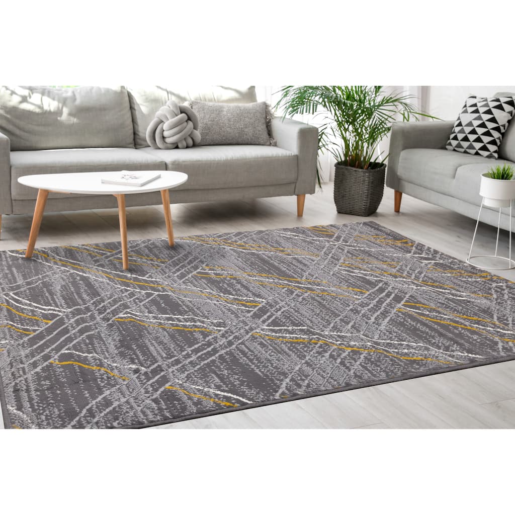 Florence Collection - Grey/Yellow Cross Hatch Pattern Rug - 4'7" x 6'7"