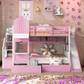 Full-Over-Full Castle Style Bunk Bed with 2 Drawers 3 Shelves and Slide - Pink
