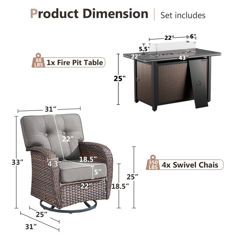 Pocassy Outdoor 43 In Fire Table with Sofa Patio Swivel Chair Set
