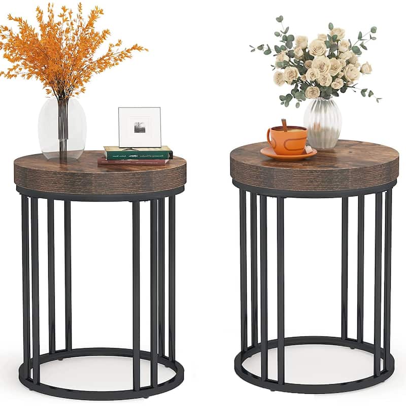 Side Table Modern Nightstand Round Side End Table Accent Coffee Table - 2PCS - Brown