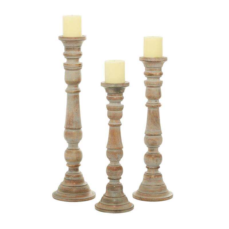 Brown Mango Wood Handmade Candle Holder with Turned Style (Set of 3)
