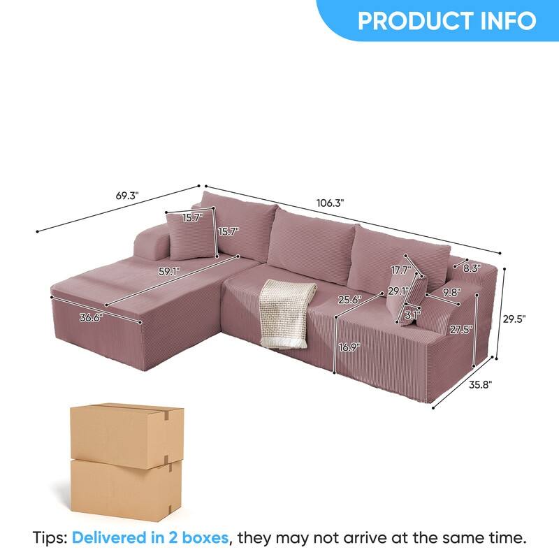 Mixoy 2-Pcs Free Combination Modular Sectional Sofas with Deep Seat,Corduroy L-Shaped Sofa with Chaise Lounge - 3-Seater