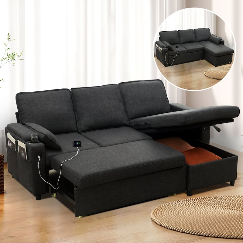 80" L-Shaped Sofa Couch Bed, Sofa Sleeper with Pull Out Bed, Reversible Sleeper Sofa Bed - Dark Gray