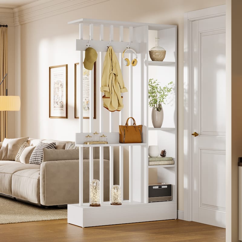 71" Wall Room Divider with Shelves & Coat Hooks - White