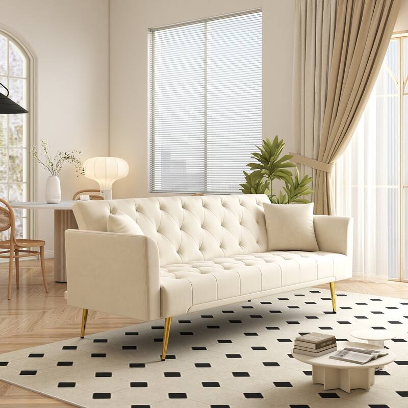 Convertible Sleeper Sofa Bed, Foldable Velvet Loveseat with Adjustable Backrest and Metal Legs, Cloud Chaise Lounge Couch