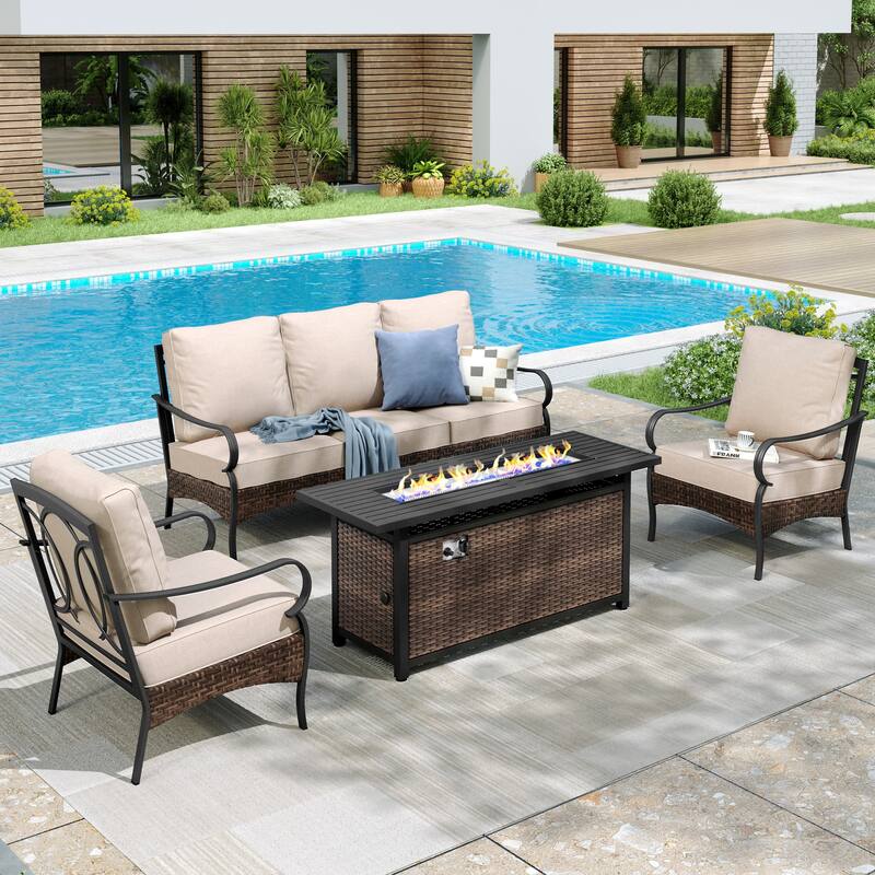 MAISON ARTS Patio Furniture Set with 56" Fire Pit Table, Deep Seating Sofa & Swivel, Rocking, and Fixed Chairs (5 Seats, Beige) - Fixed Chair - Beige