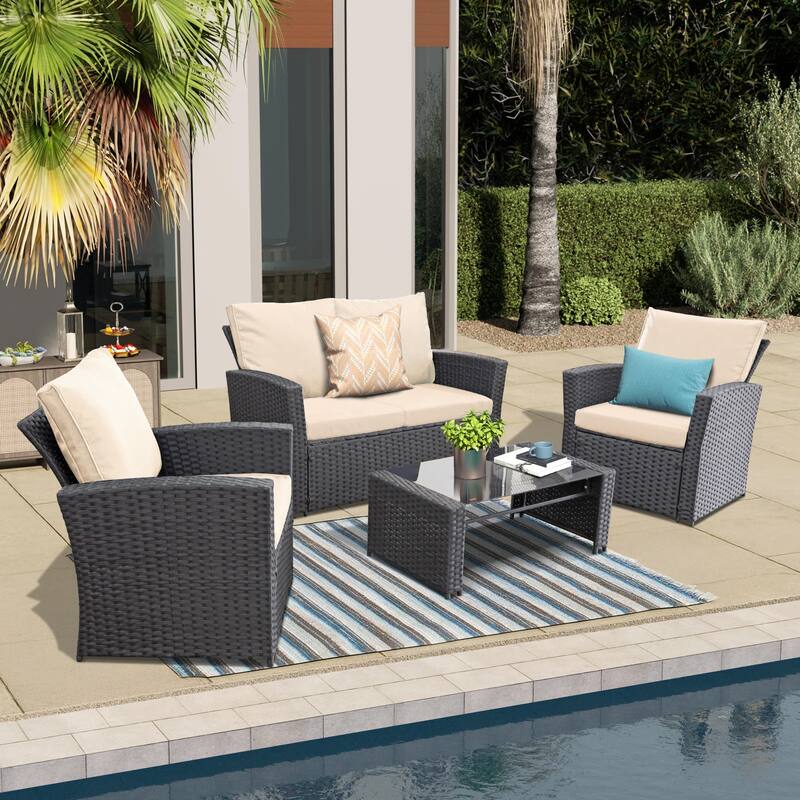 4-Piece Wicker Outdoor Sofa Set, 1 Loveseats, 2 Single Sofas, 1 Table - Black/Beige