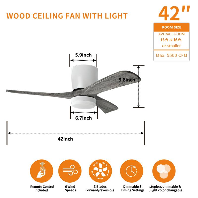 42" Solid Wood Ceiling Fan with Light-Flush Mount, Dc Motor ( Weathered Gray Walnut)