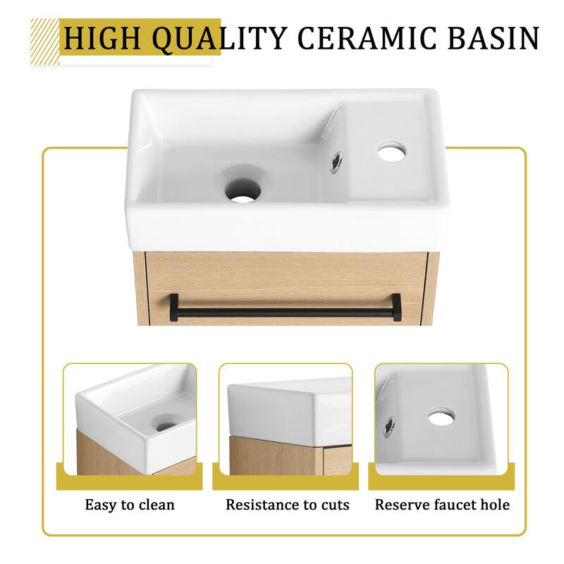 16'' Wall-Mounted Bathroom Vanity with Ceramic Sink, Soft-Close Cabinet Door, & Metal Handle - Space-Saving Design
