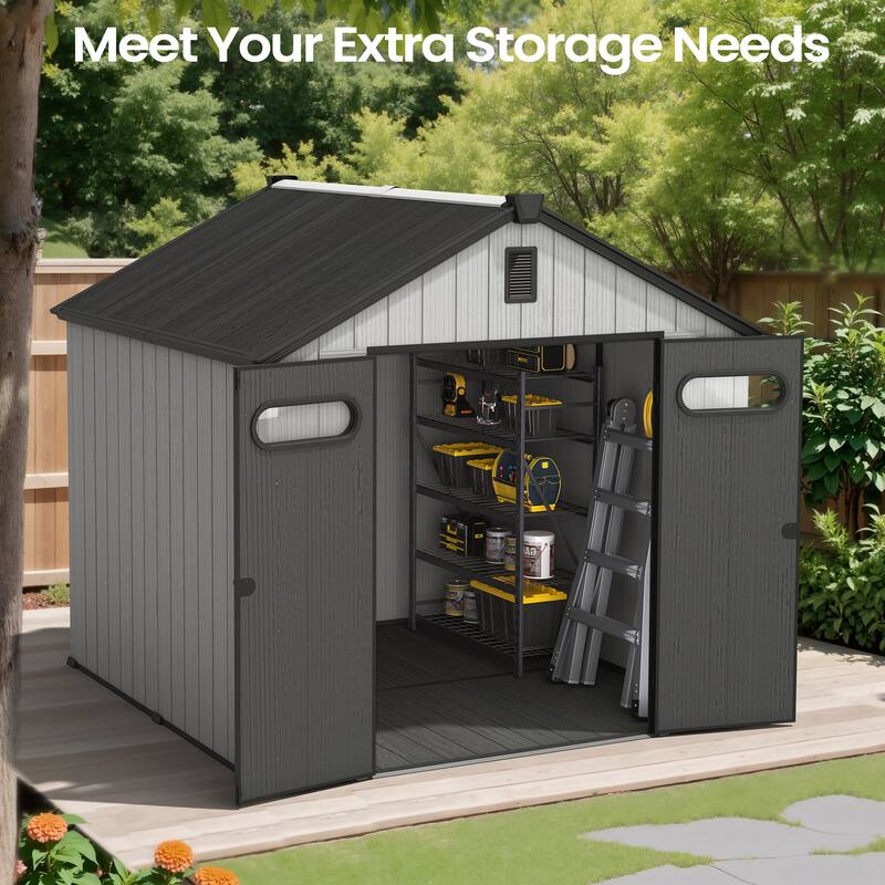 8X8 FT All-Weather Waterproof Outdoor Resin Storage Shed Windows Lockable Door with Floor for Patio Furniture and Tools