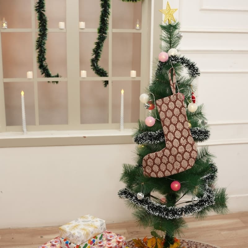 Fabdivine Hand Block Floral Print Christmas Knit Stockings, Home Decorative Gift Use - 16"X6.5"