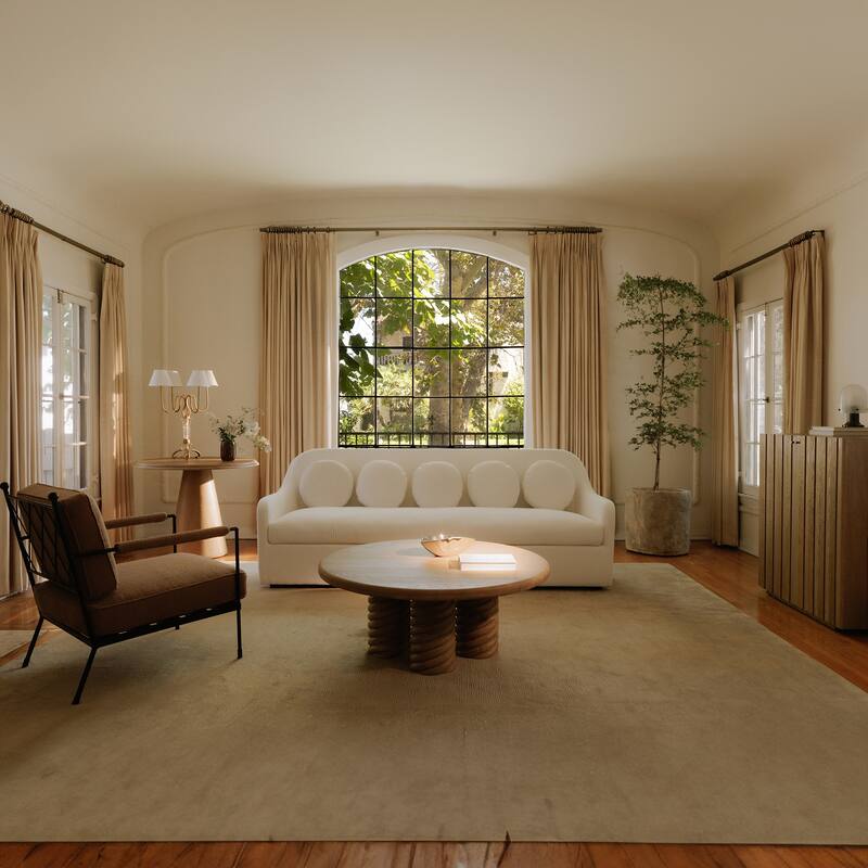 NADAAL STUDIOS Rivenor Rialto Sofa, High Curved Back, Five Round Toss Cushions, White Performance Upholstery