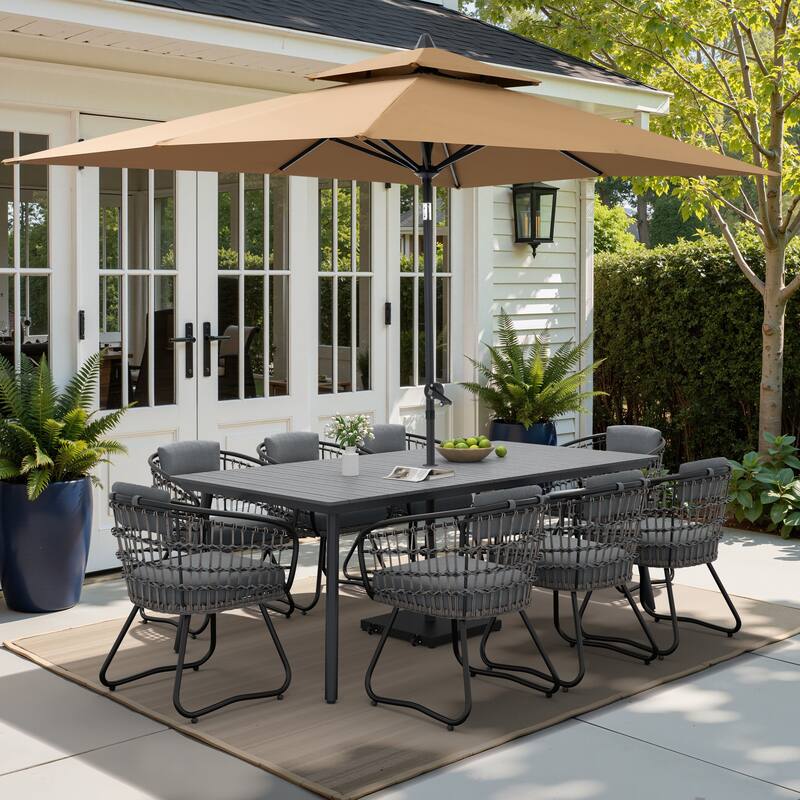 9/11-piece Outdoor Dining Set w/ Umbrella and Base Aluminum Dining Table and PE Rattan Chairs - Set of 11 - 82.48 inches long grey table