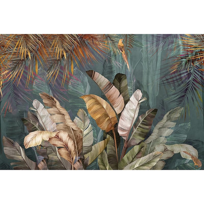 Lush Tropical Forest Mural with Vibrant Palms and Parrot