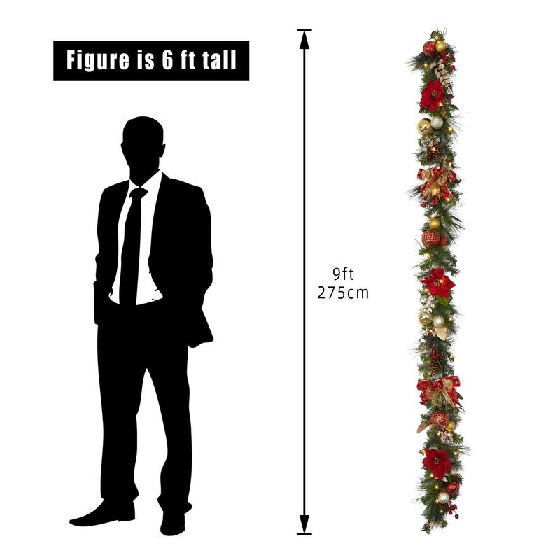 9 ft Pre-Lit Christmas Garland for Mantle Outdoor Fireplace Table Stair Railing Decoration, Red Gold