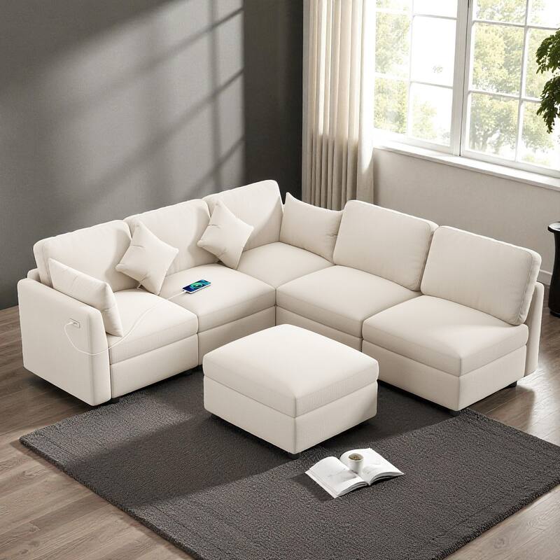 86.6" Modular Sectional Sofa with Ottoman and USB Ports, U-Shaped L-Shape Couch Bed with Chenille Fabric for Living Room