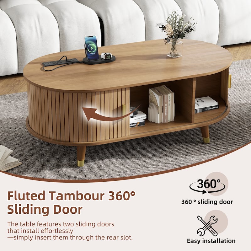 42.5"W Wooden Oval Fluted Coffee Table with Charging Station, Mid-Century Center Table with Sliding Tambour Door
