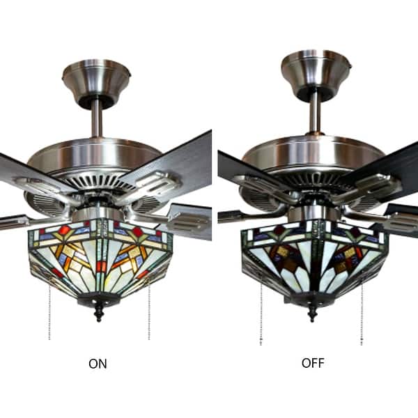 dimension image slide 1 of 2, Copper Grove Cumana 52-inch Mission Stained Glass Hexagonal LED Ceiling Fan - 52"L x 52"W x 20"H - 52"L x 52"W x 20"H