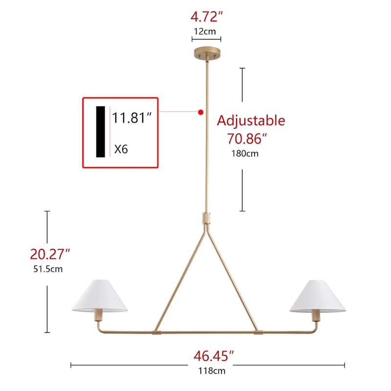 Farmhouse 2-Light Linear Kitchen Island Chandelier with White Fabric Lampshades