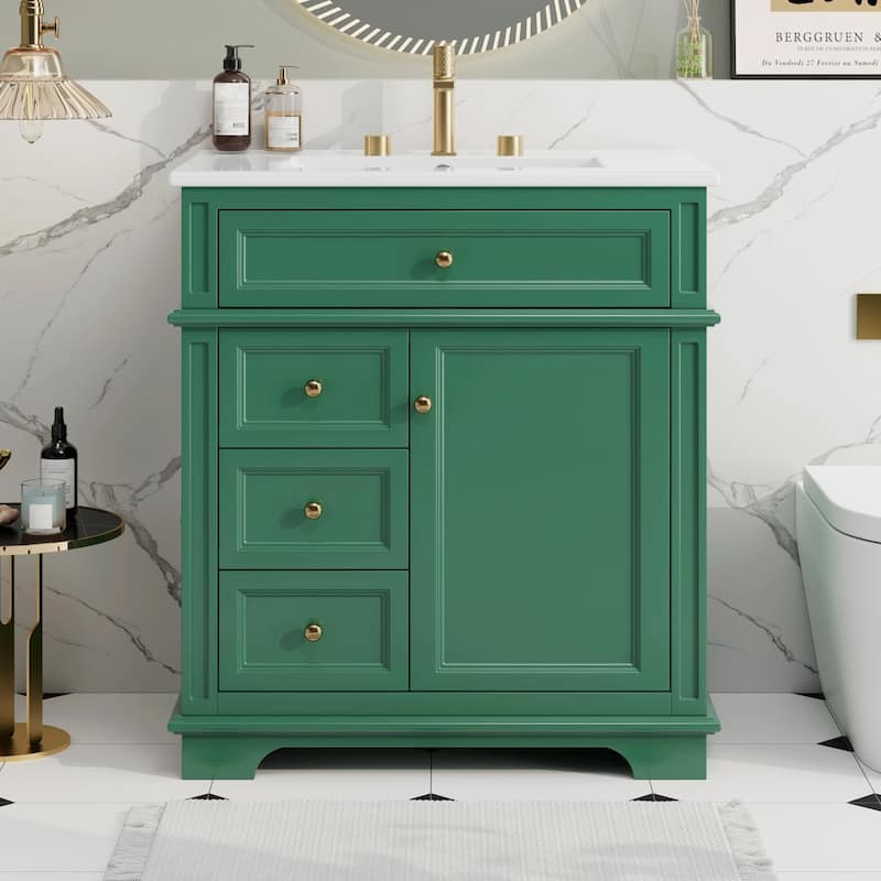 30" Bathroom Vanity with Sink, Tip-Out Drawer, Three Drawers, Door Shelf