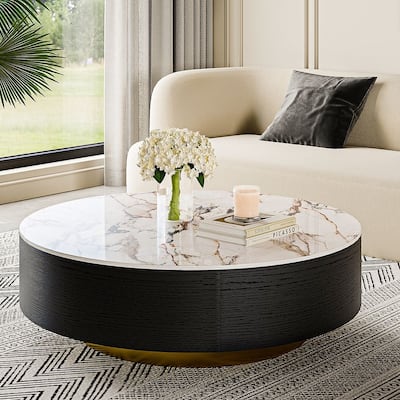 Modern Drum Coffee Table with Oak Veneer, Sintered Stone Coffee Table with 2 Solid Wood Drawers, Fully Assembled, White