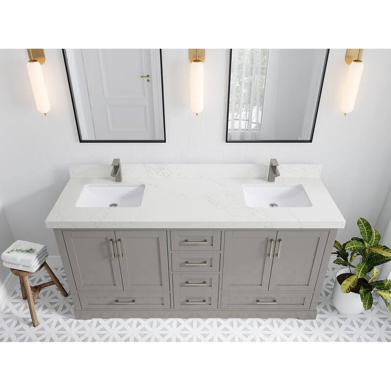 Willow Collection 72 in W x 22 in D x 36 in H Boston Double Bowl Sink Bathroom Vanity with Countertop - 2"Empira White - Elephant Skin Gray