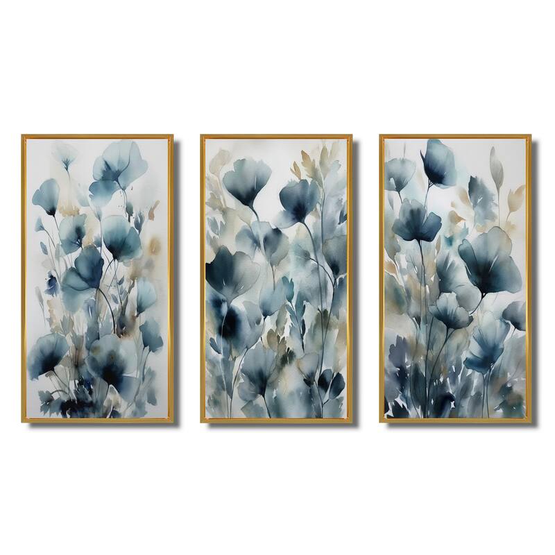 Designart "Blue Leaf Foliage And Flowers III" Floral Leaves Framed Wall Art Set Of 3 For Home Decor
