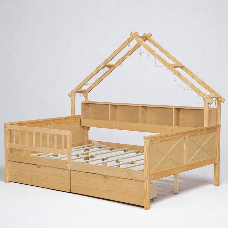 Full House Platform Bed Frame with LED, 2 Drawers, Shelves, Pine Wood & MDF Construction