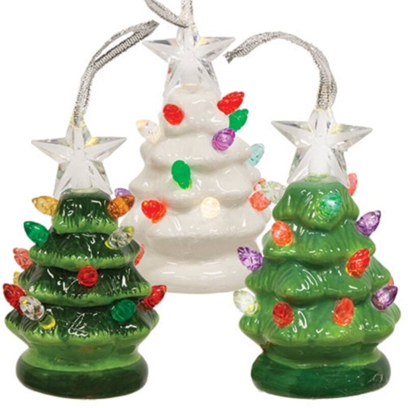 White-Green Ceramic Lighted Christmas Tree Ornaments with Silver Ribbon, 3 Asstd. - 4.5" H x 2" diameter - Green/White