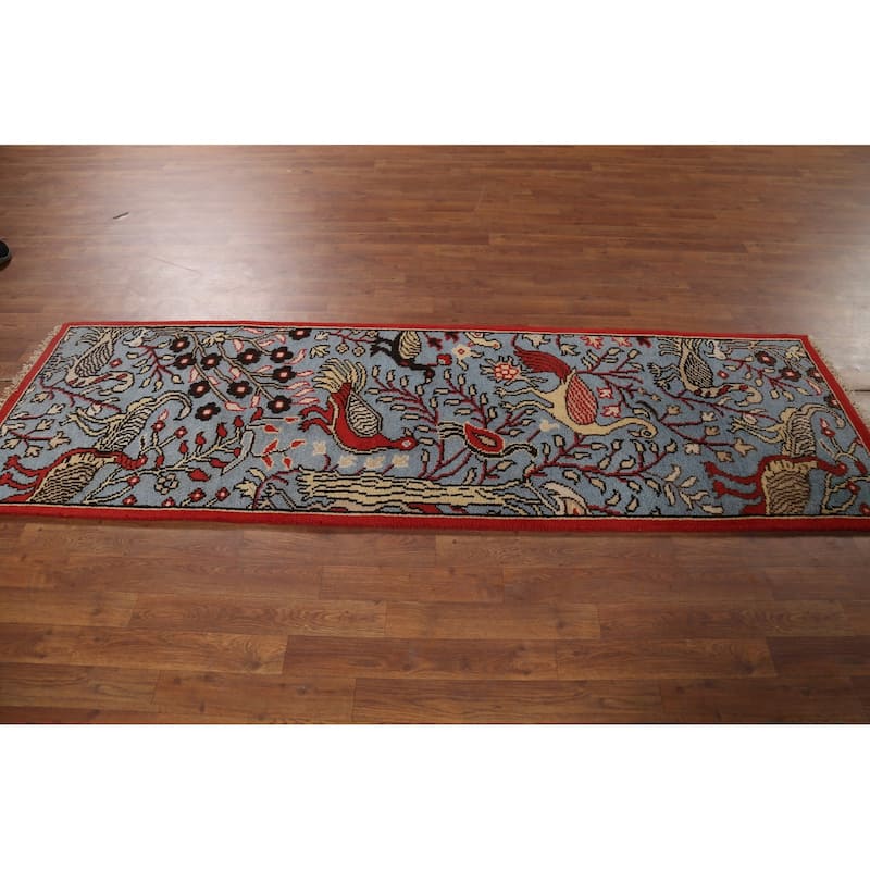 Animal Pictorial Ziegler Indian Runner Rug Handmade Blue Wool Carpet - 2'5"x 8'0"