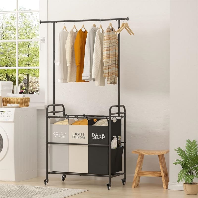 Laundry Sorter Cart with Hanging Clothes Rack - 28.59"L x 15.55"W x 66.54"H - 3 Colors