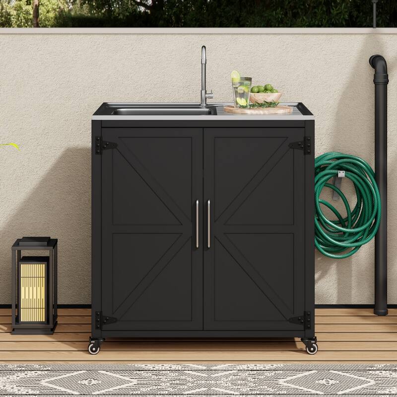 Outdoor Movable Kitchen Stainless Steel Tabletop Sink with Adjustable Rotating Faucet, Outdoor Cupboard with Lockable Wheels