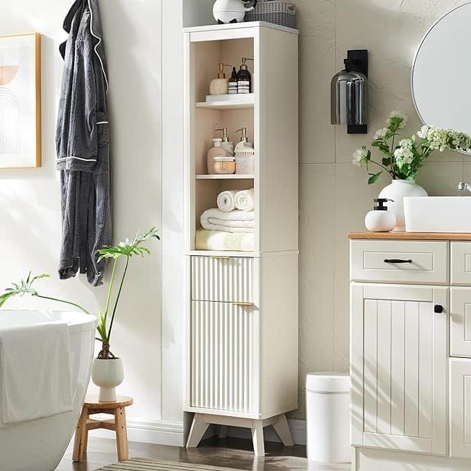 68" Tall Bathroom Narrow Storage Cabinet with Faux Marble Top - Solid White