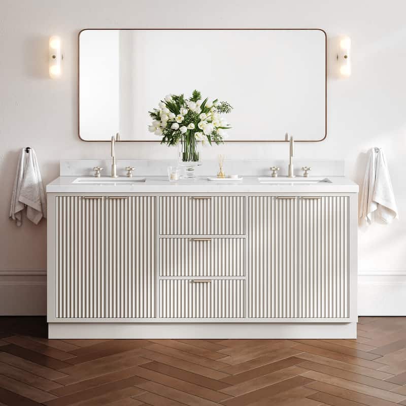 Ariel P72DCQRVO Milan 72" Free Standing Double Basin Vanity Set with - Warm White / Carrara White Quartz Top / Brushed