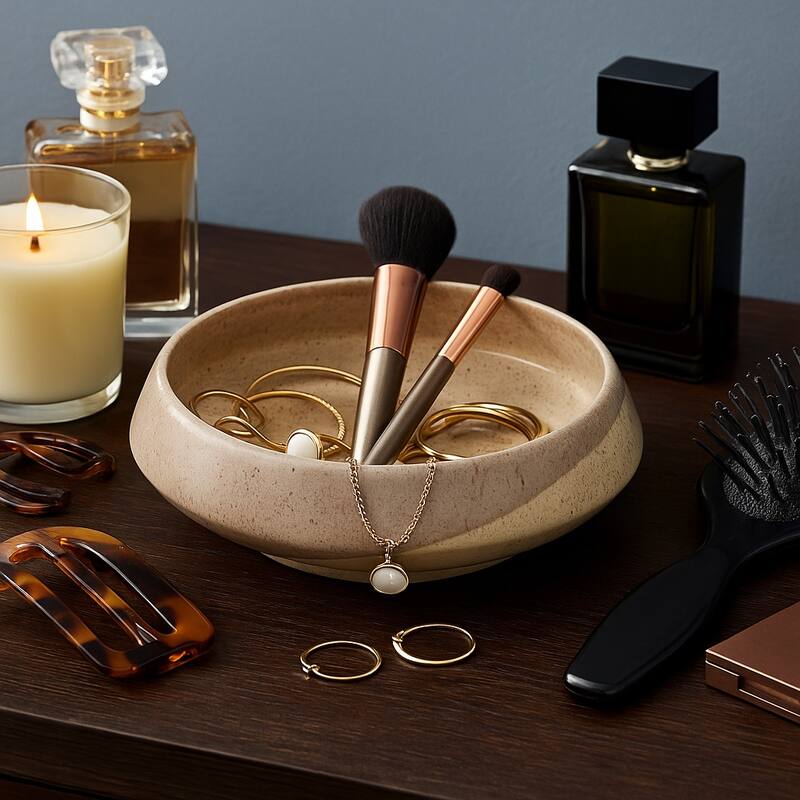 Decorative Round Glazed Pottery Bowl - 15", Brown - 15.0"