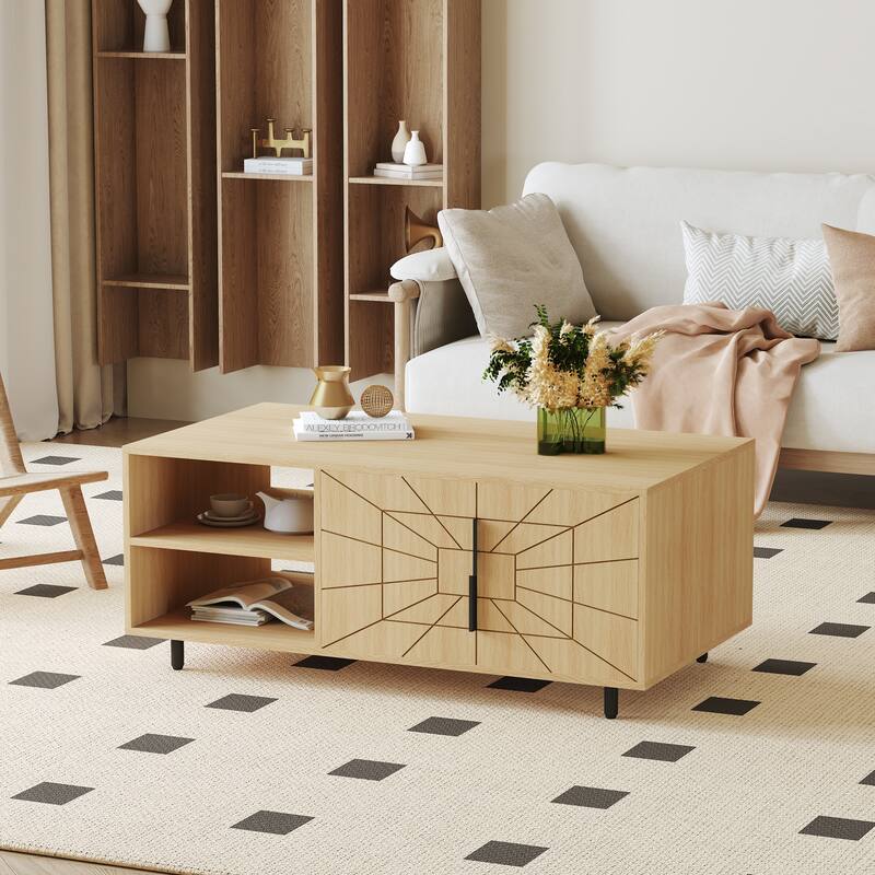 Modern Spider Web Texture Coffee Table Natural Wood Tone Geometric Art Coffee Table with Open Shelves, for Living Room