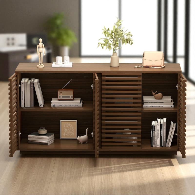 60" Buffet Sideboard Cabinet with Slatted Solid Wood Doors and Adjustable Shelves - Dining Room Storage Unit