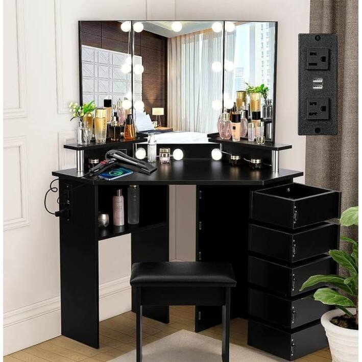 Corner Makeup Vanity Desk with Lights & Power Outlet