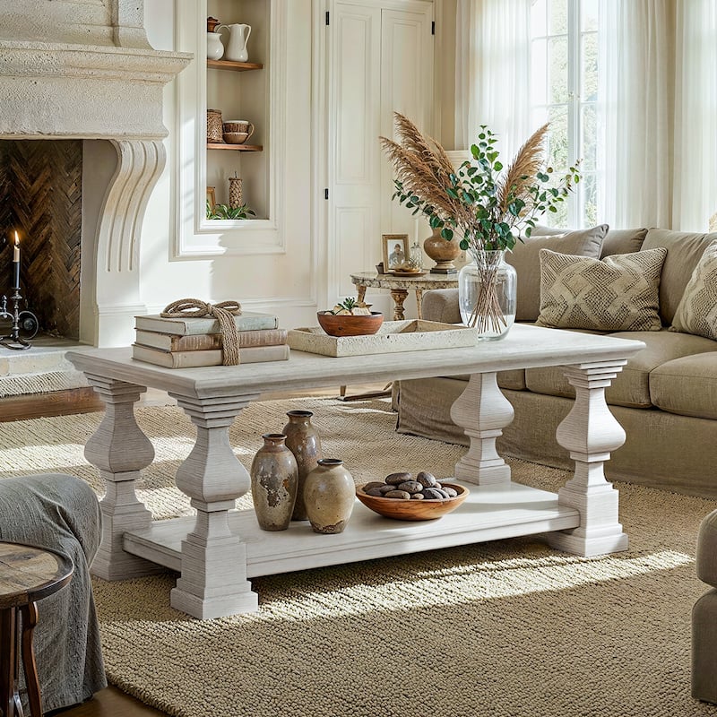 Solid Wood Coffee Table with Storage Shelf, White Washed Rustic Living Room Center Table