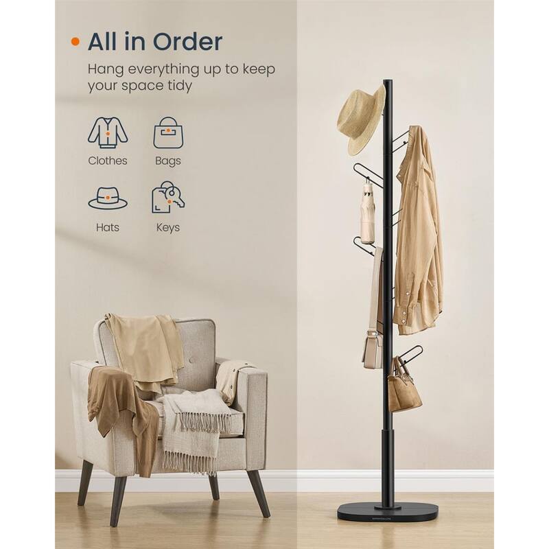 69" Tall Ink Black Metal Freestanding Coat Rack Tree with 2 Shelves and Wide Base for Daily Use - 15.7"L x 15.7"W x 69"H