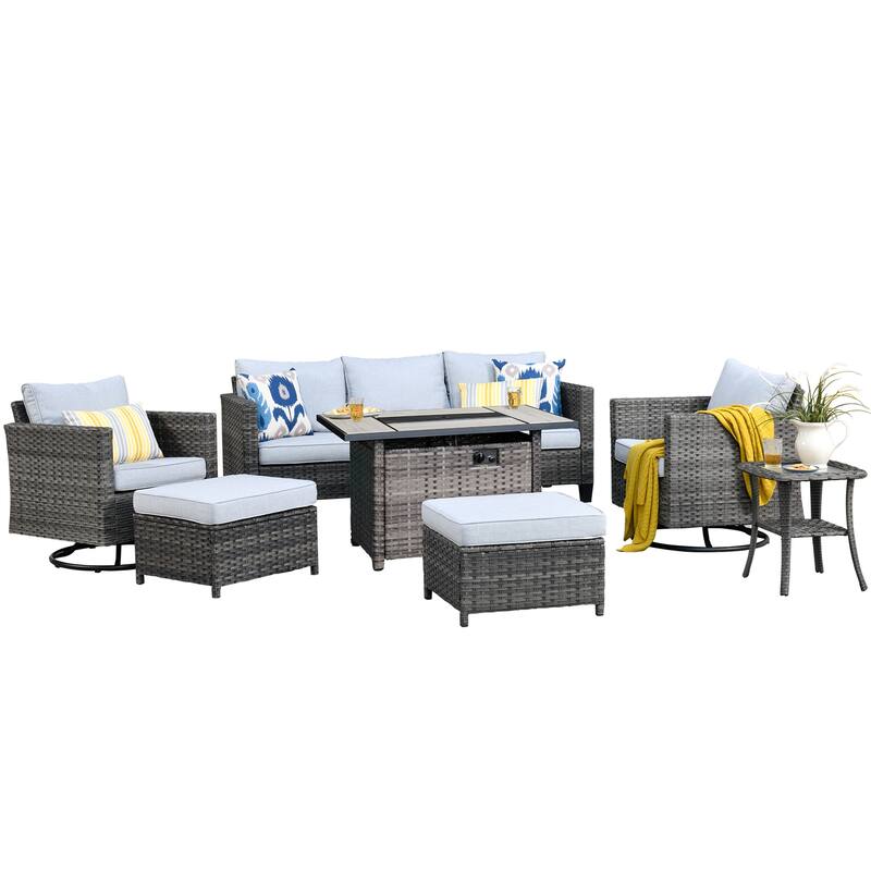 OVIOS 7-piece Wicker Sectional Sofa Swivel Rocking Chair Set With Fire Pit