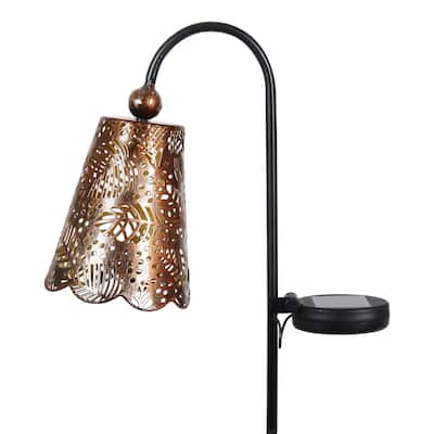Exhart Solar Metal Filigree Shade Garden Stake in Bronze with Leaf Pattern, 7 by 35 Inches tall