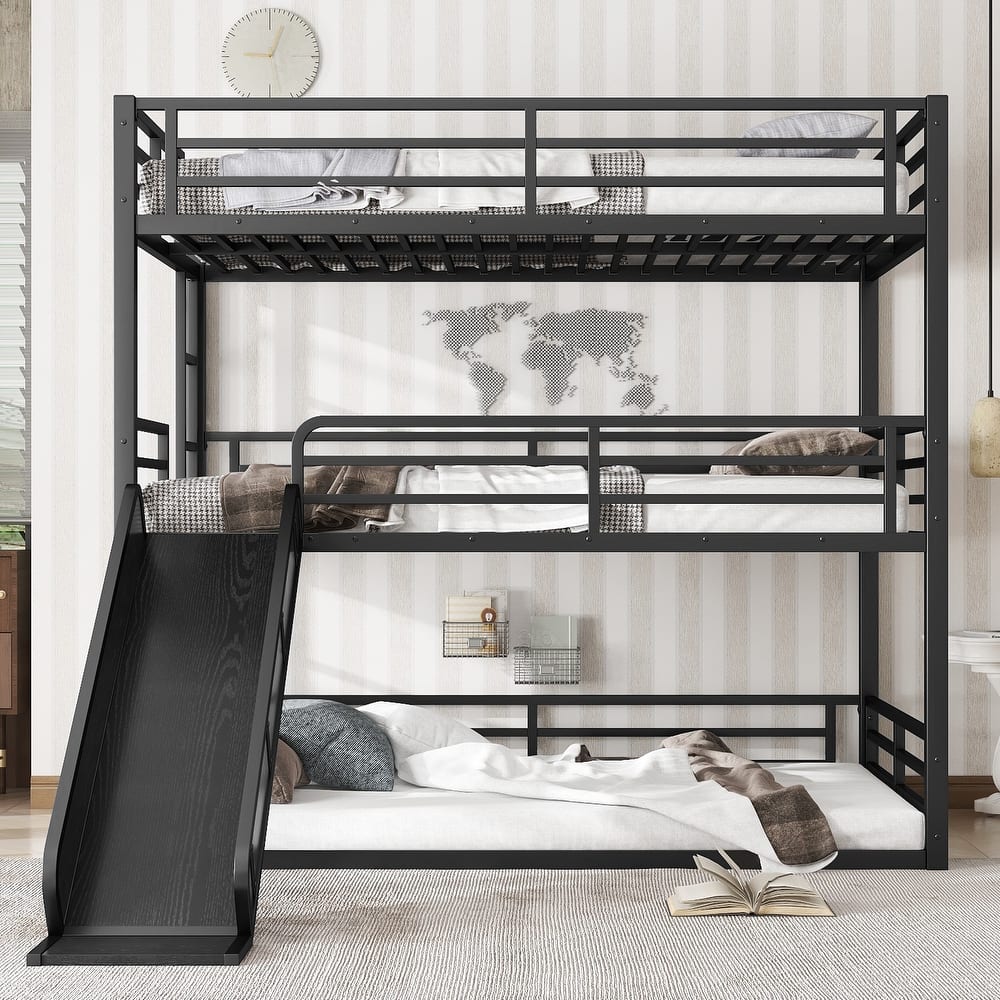 Roomfitters Twin/Full/Queen Metal Triple Bunk Bed with Slide, Safety Guardrails, Heavy-Duty Noise-Reduced Frame, Black