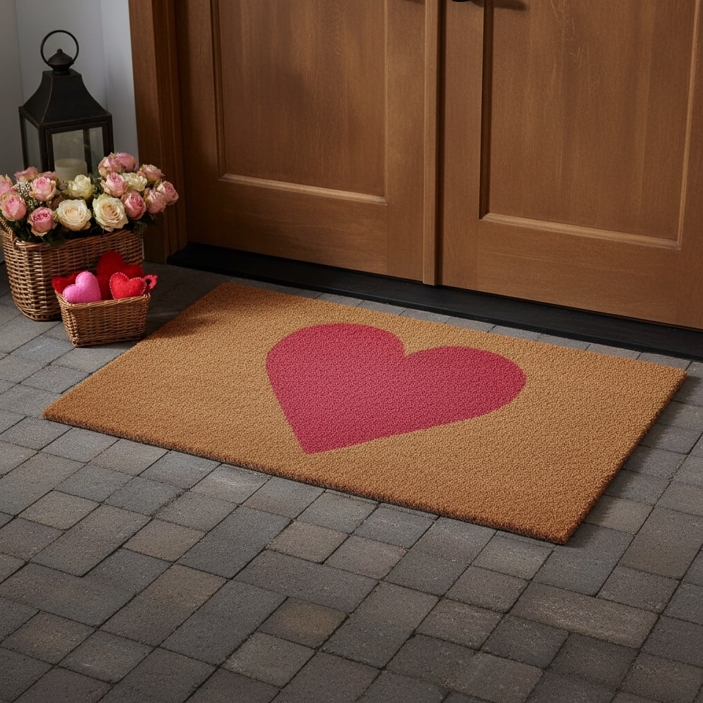 HomeRoots 36" X 72" Brown And Pink Heart Outdoor Coir Door Mat - 36.00' X '72.00